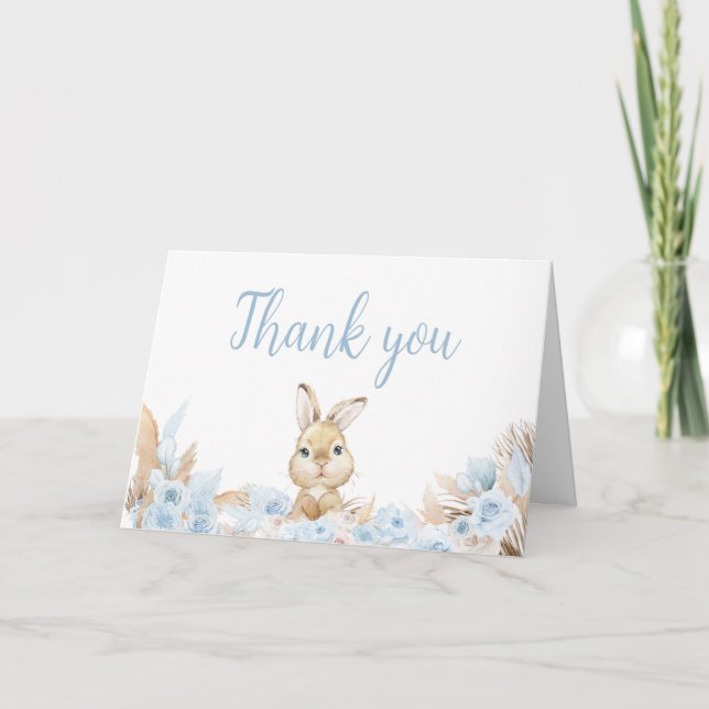 Tarjeta De Agradecimiento Blue Boho Bunny Baby Shower (Anverso)