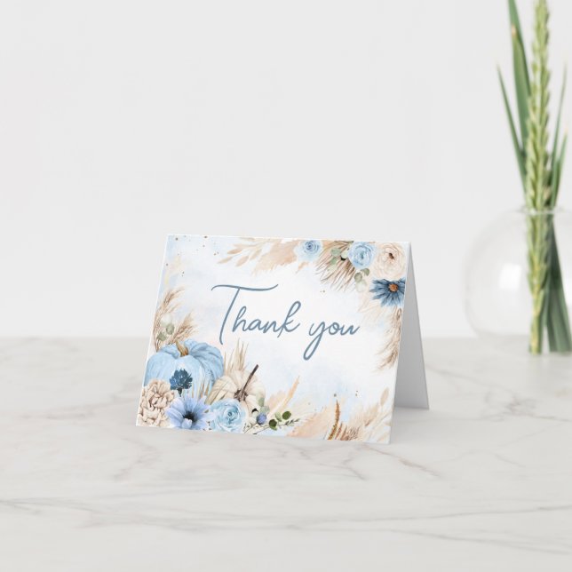 Tarjeta De Agradecimiento Blue Boho Fall Pumpkin Baby Shower (Anverso)