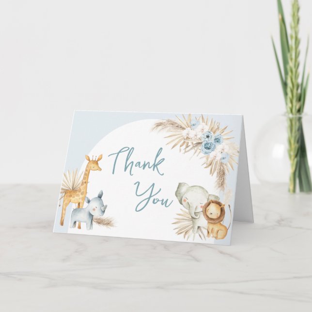 Tarjeta De Agradecimiento Blue Boho Floral Safari Baby Shower (Anverso)