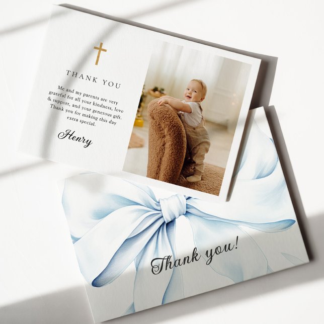 Tarjeta De Agradecimiento Blue Bow Baptism Photo Flat Thank You Card (Subido por el creador)