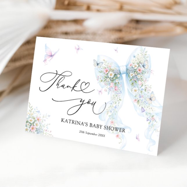 Tarjeta De Agradecimiento Blue Bow Butterfly Baby Shower Thank You Card (Subido por el creador)