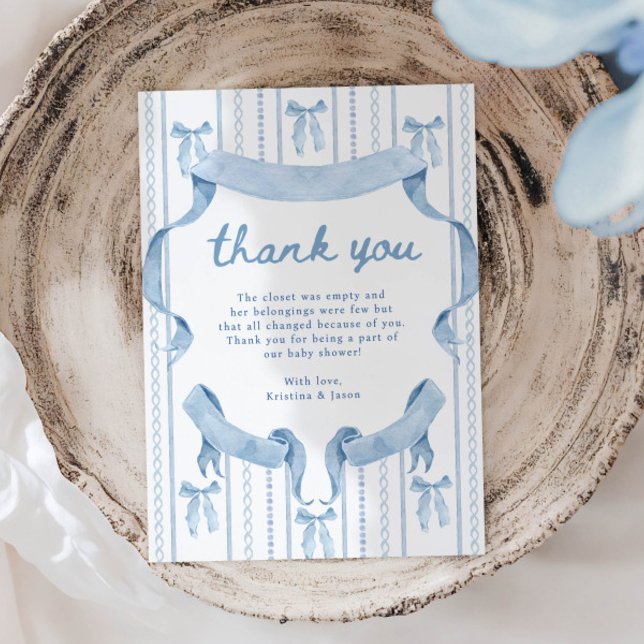 Tarjeta De Agradecimiento Blue Bow Coquette Blue Boy baby Shower (Subido por el creador)