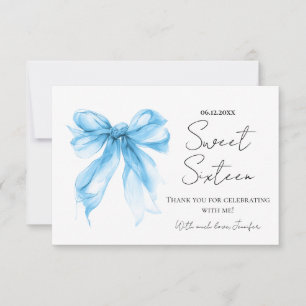 Tarjeta De Agradecimiento Blue Bow Coquette Script Dulces 16 Gracias