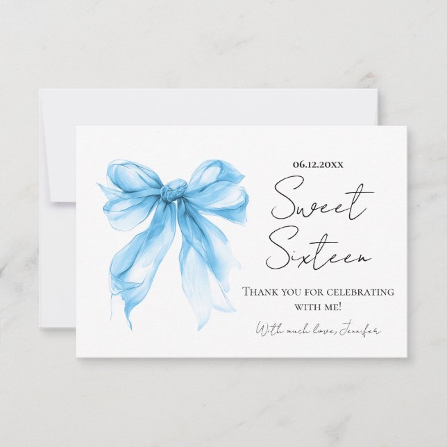 Tarjeta De Agradecimiento Blue Bow Coquette Script Dulces 16 Gracias  (Anverso)