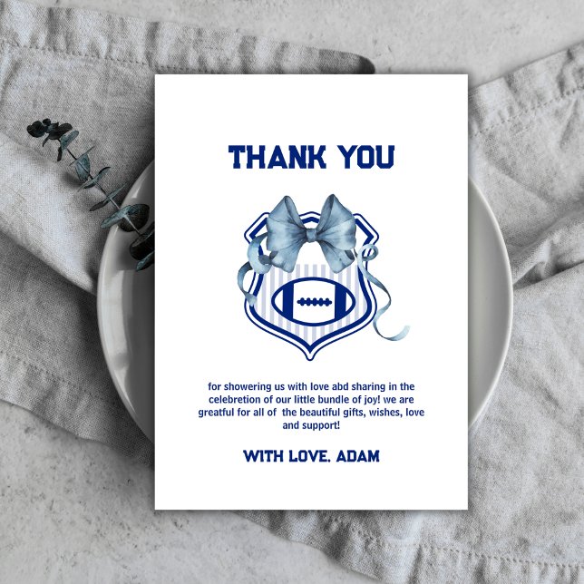 Tarjeta De Agradecimiento Blue Bow Crest Rookie Football Sport Baby Shower (Blue Bow Crest Rookie Football Sport Baby Shower Thank You Card)