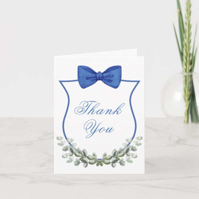 Tarjeta De Agradecimiento Blue Bow Eucalyptus Escudo Boy Baby Shower (Anverso)