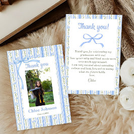 Tarjeta De Agradecimiento Blue Bow Floral Graduation