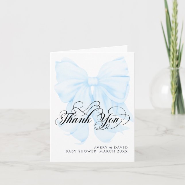 Tarjeta De Agradecimiento Blue Bow Modern Elegant boy Baby Shower (Anverso)