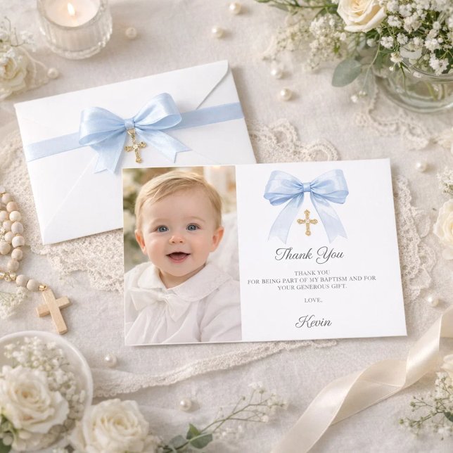 Tarjeta De Agradecimiento Blue bow photo boy gold cross Baptism (Subido por el creador)