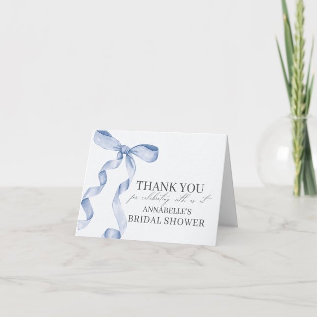 Tarjeta De Agradecimiento Blue Bow Tying Knot Bridal Shower (Anverso)