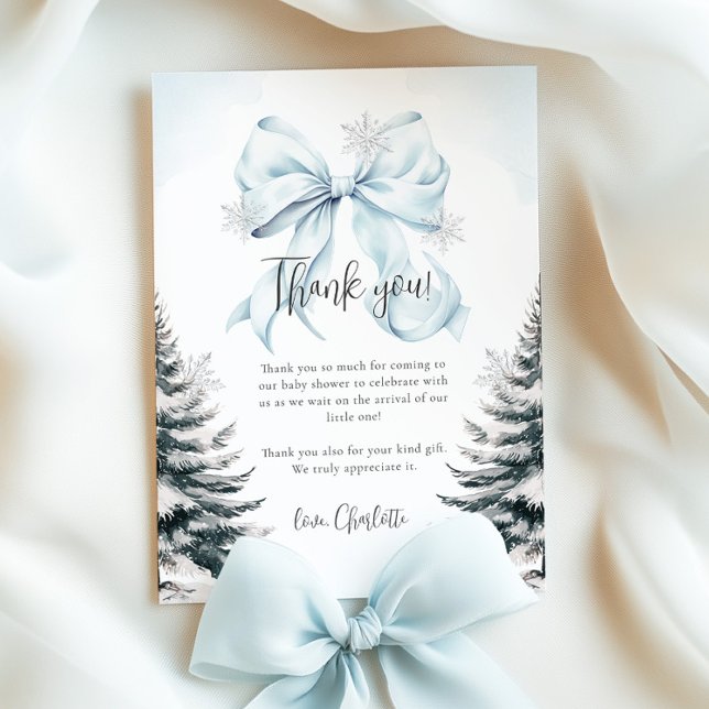 Tarjeta De Agradecimiento Blue Bow Winter Baby Shower Flat Thank You Card (Subido por el creador)