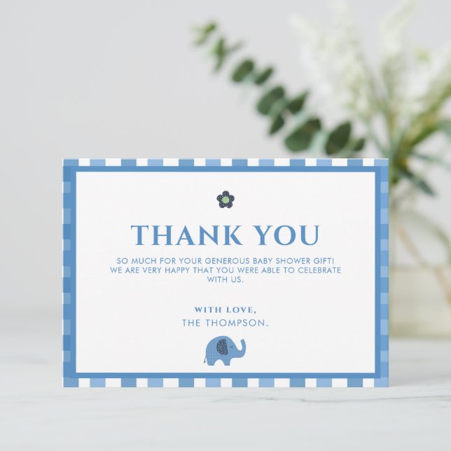 Tarjeta De Agradecimiento Blue Boy Cute Elephant Gracias Baby Shower (Anverso de pie)