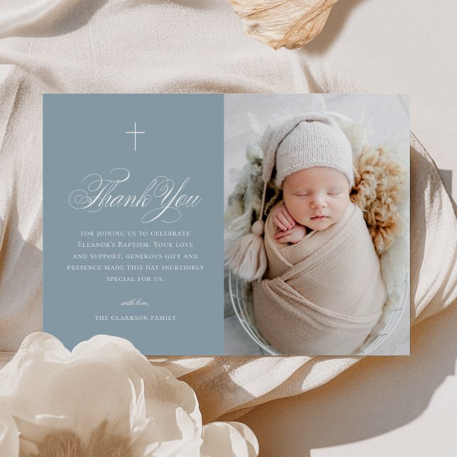 Tarjeta De Agradecimiento Blue Boy Elegant Cross Calligraphy Photo Baptism (Subido por el creador)