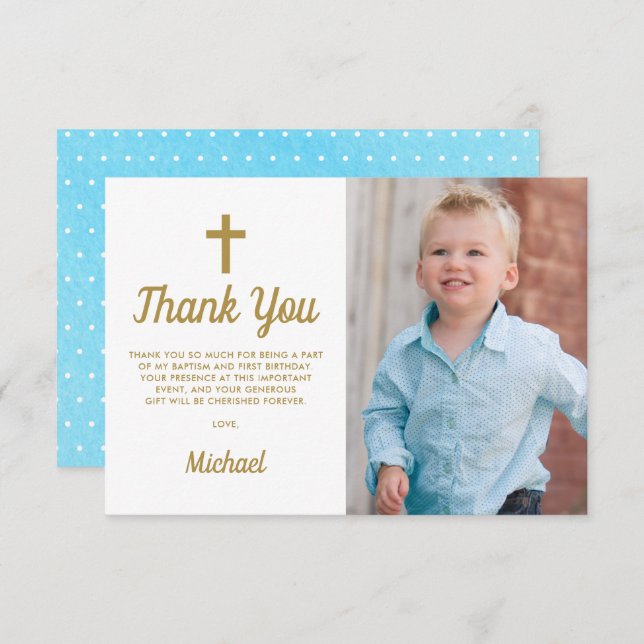 Tarjeta De Agradecimiento Blue Boy Photo Baptism First Birday (Anverso / Reverso)