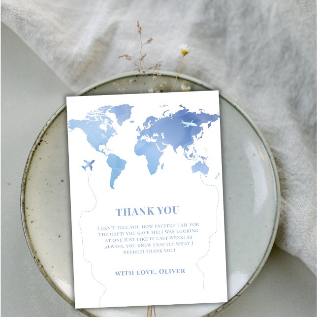 Tarjeta De Agradecimiento Blue Boy World Map Travel Adventure Baby Shower (Blue Boy World Map Travel Adventure Baby Shower Thank You Card)