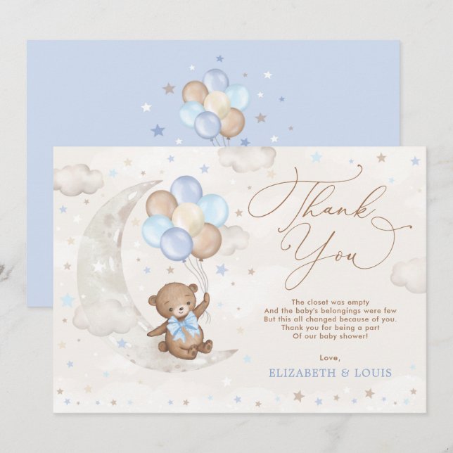 Tarjeta De Agradecimiento Blue Brown Teddy Bear Globos Nubes Estrellas de la (Anverso / Reverso)