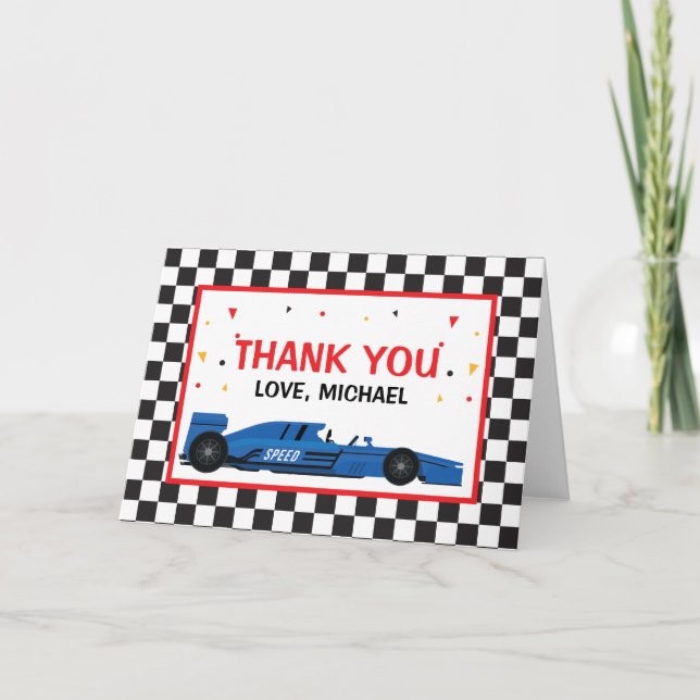 Tarjeta De Agradecimiento Blue Car Racing  Birthday Thank you card (Anverso)