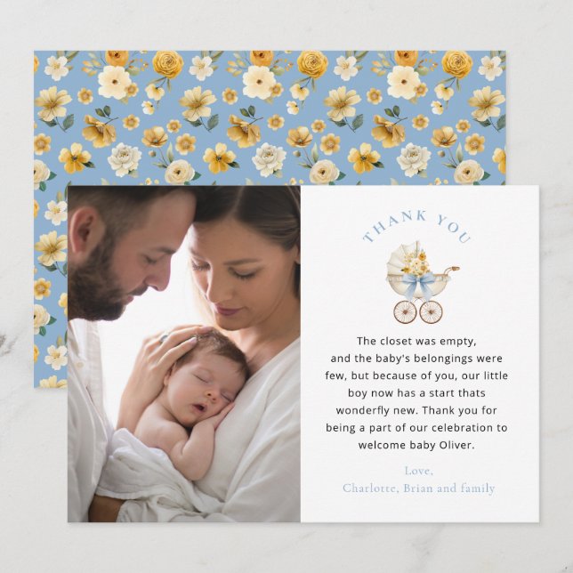 Tarjeta De Agradecimiento Blue Carriage Photo Baby Shower Thank You Card (Anverso / Reverso)