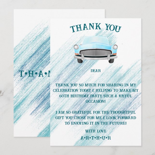 Tarjeta De Agradecimiento Blue Classic Retro Car Vintage (Anverso / Reverso)