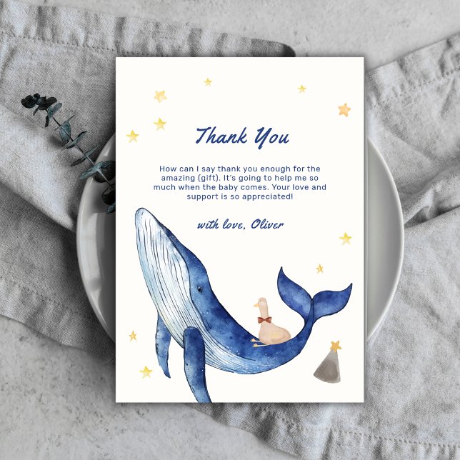 Tarjeta De Agradecimiento Blue Cute Whimsical Duck Stars Whale Baby Shower (Blue Cute Whimsical Duck Stars Whale Baby Shower Thank You Card)