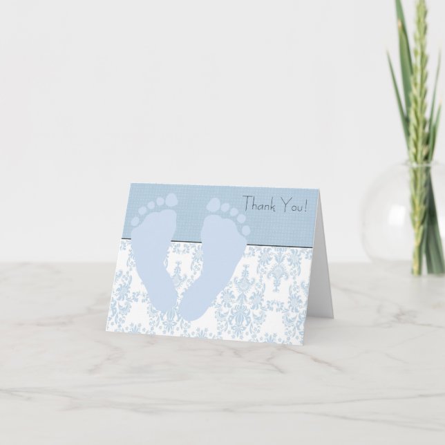 Tarjeta De Agradecimiento Blue Damask Blue Baby Feed Baby Gracias (Anverso)