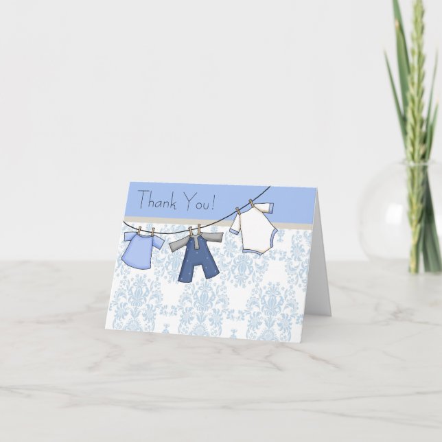 Tarjeta De Agradecimiento Blue Damask Clothesline Baby Boy Gracias Cartas (Anverso)
