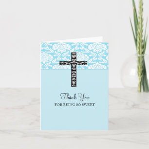 Tarjeta De Agradecimiento Blue Damask Cross Boys Gracias