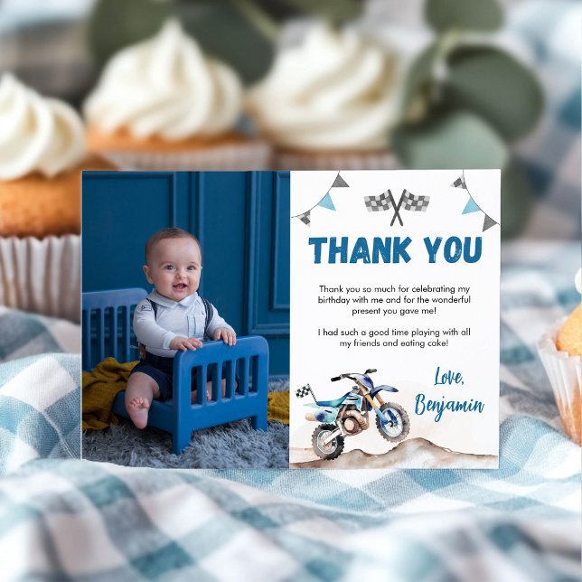 Tarjeta De Agradecimiento Blue Dirt Bike Boy Birthday Party Photo (Subido por el creador)