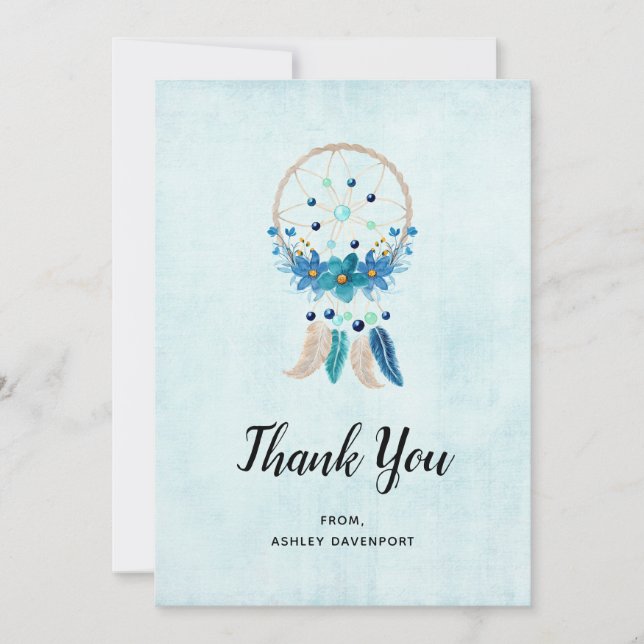 Tarjeta De Agradecimiento Blue Dreamcatcher con flores y plumas (Anverso)