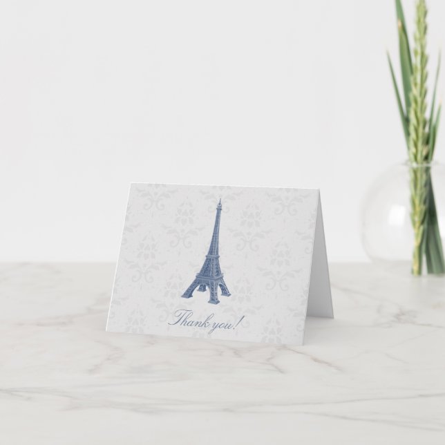 Tarjeta De Agradecimiento Blue Eiffel Tower Damask Wedding Gracias Cartas (Anverso)