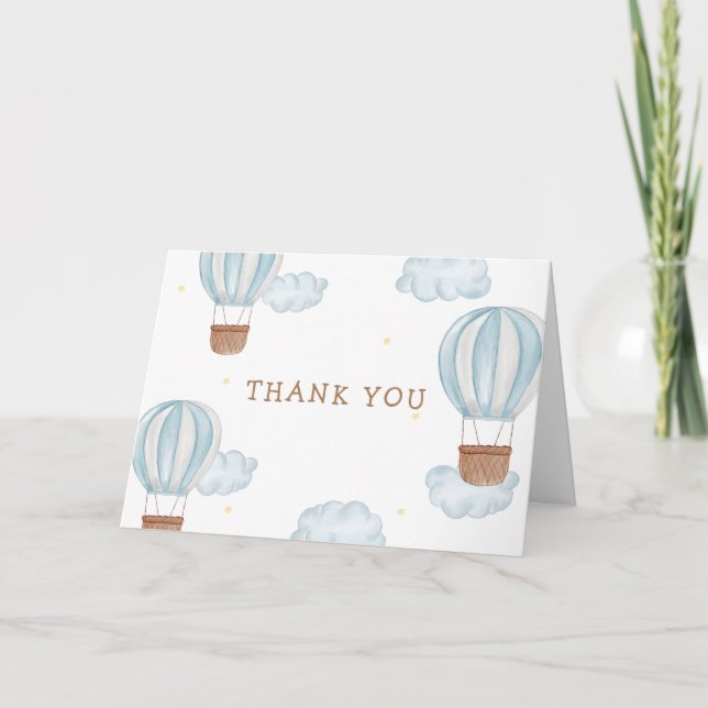 Tarjeta De Agradecimiento Blue Elegant Hot Air Balloon Cloud Boy Baby Shower (Anverso)