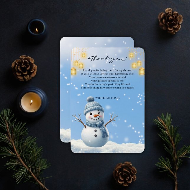 Tarjeta De Agradecimiento Blue Elegant Whimsical Winter Snowman Baby Shower (Subido por el creador)