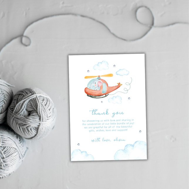 Tarjeta De Agradecimiento Blue Elephant Helicopter Airplane Baby Shower  (Blue Elephant Helicopter Airplane Baby Shower Thank You Card)