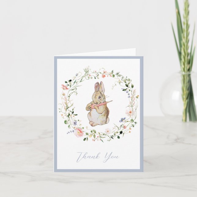 Tarjeta De Agradecimiento Blue Floral Baby Bunny Baby Shower (Anverso)