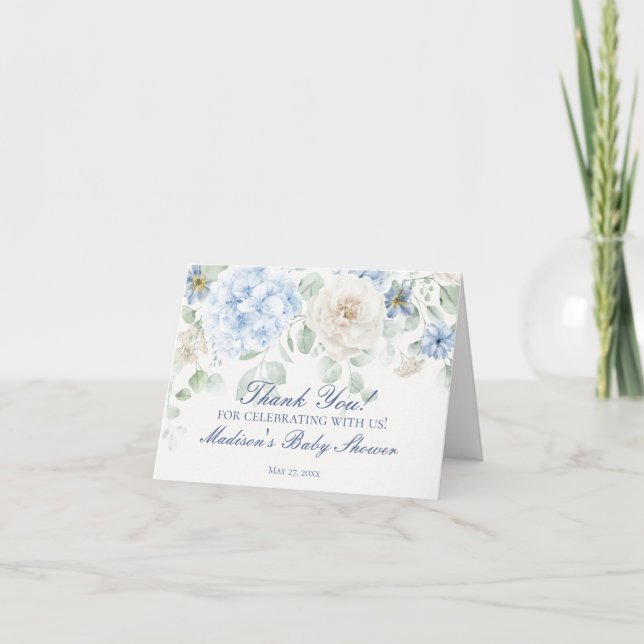 Tarjeta De Agradecimiento Blue Floral Baby in Bloom Shower Gracias Card (Anverso)
