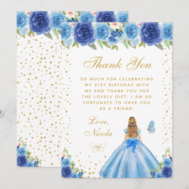 Tarjeta De Agradecimiento Blue Floral Blonde Hair Princess Birthday Party (Anverso / Reverso)