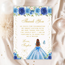Tarjeta De Agradecimiento Blue Floral Brown Hair Princess Sweet 16
