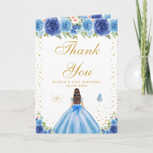 Tarjeta De Agradecimiento Blue Floral Brunette Hair Girl Birthday (Anverso)