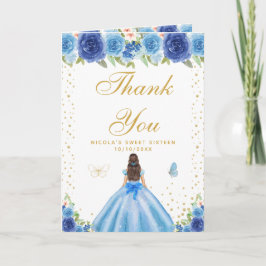 Tarjeta De Agradecimiento Blue Floral Brunette Hair Girl Sweet Sixteen