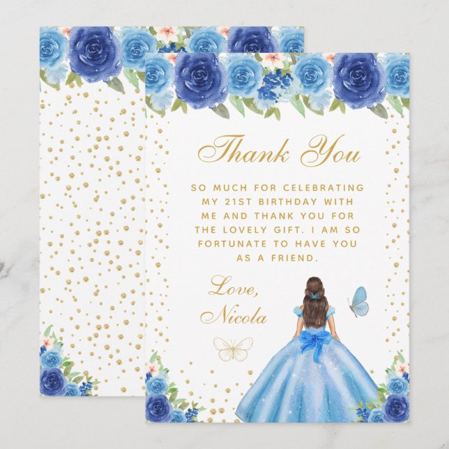 Tarjeta De Agradecimiento Blue Floral Brunette Hair Princess Birthday Party (Anverso / Reverso)