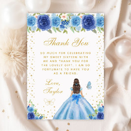 Tarjeta De Agradecimiento Blue Floral Brunette Hair Princess Sweet 16