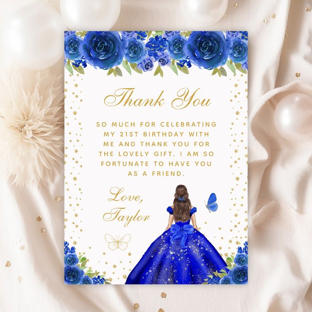 Tarjeta De Agradecimiento Blue Floral Brunette Princess Birthday Party (Subido por el creador)