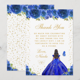 Tarjeta De Agradecimiento Blue Floral Dark Skin Princess Sweet Sixteen