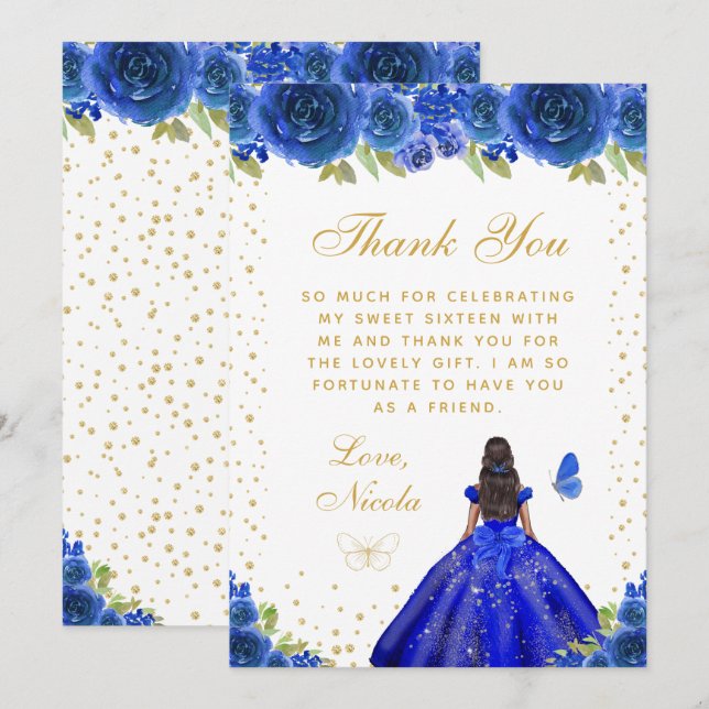 Tarjeta De Agradecimiento Blue Floral Dark Skin Princess Sweet Sixteen (Anverso / Reverso)