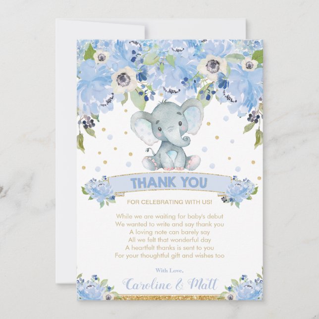 Tarjeta De Agradecimiento Blue Floral Elephant Baby Shower Boy (Anverso)