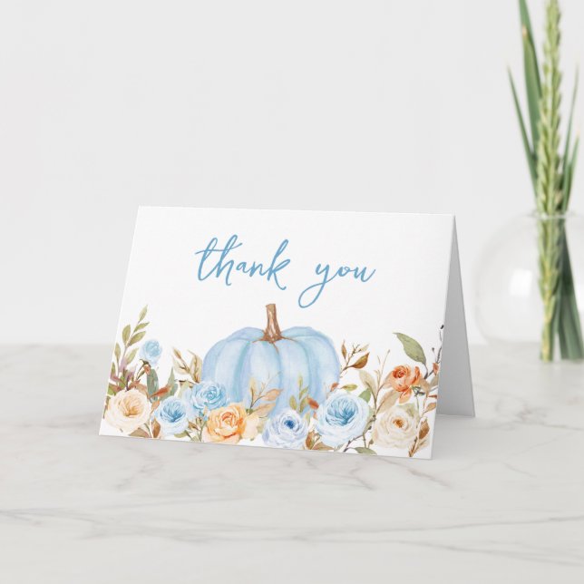 Tarjeta De Agradecimiento Blue Floral Fall Pumpkin Baby Shower (Anverso)