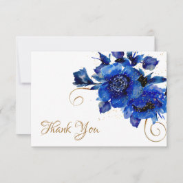 Tarjeta De Agradecimiento Blue Floral Gold Swirl Boda Gracias