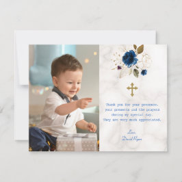 Tarjeta De Agradecimiento Blue Floral Marble Photo Boy Cruz de Oro Bautismo