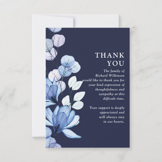 Tarjeta De Agradecimiento Blue Floral Memorial Celebración Del Funeral De La (Anverso)