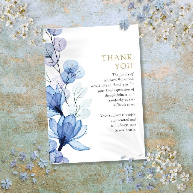 Tarjeta De Agradecimiento Blue Floral Memorial Celebración Del Funeral De La (Blue Floral Memorial Celebration Of Life Funeral Thank You Card)